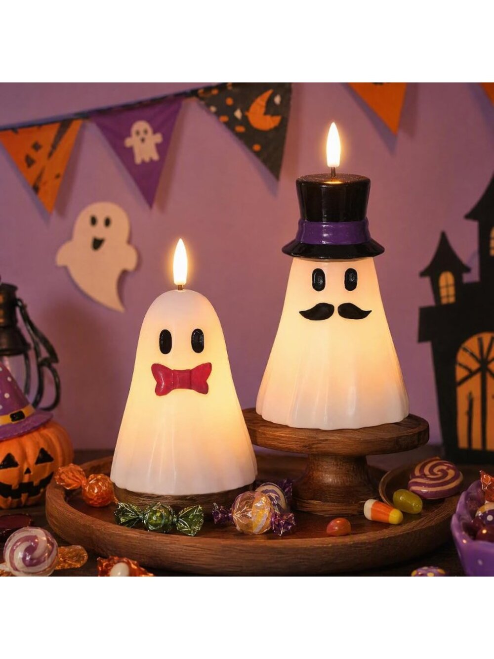 2PCS Halloween Hand Painted Ghost Flameless Candles 6H Timer Real Wax Indoor